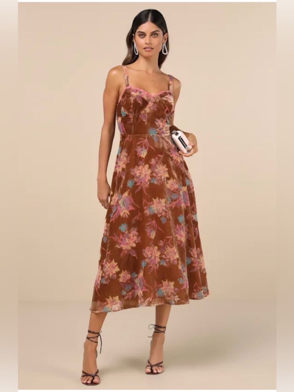 NWT Lulus Coveted Grace Brown Velvet Burnout Bustier Midi Dress sz S